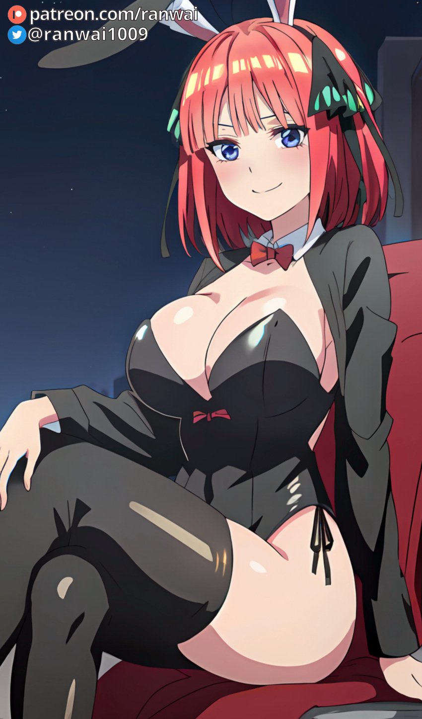 ai_generated anime blue_eyes bunny_girl bunnysuit go-toubun_no_hanayome large_breasts nakano_nino quintuplets ranwai sitting stable_diffusion