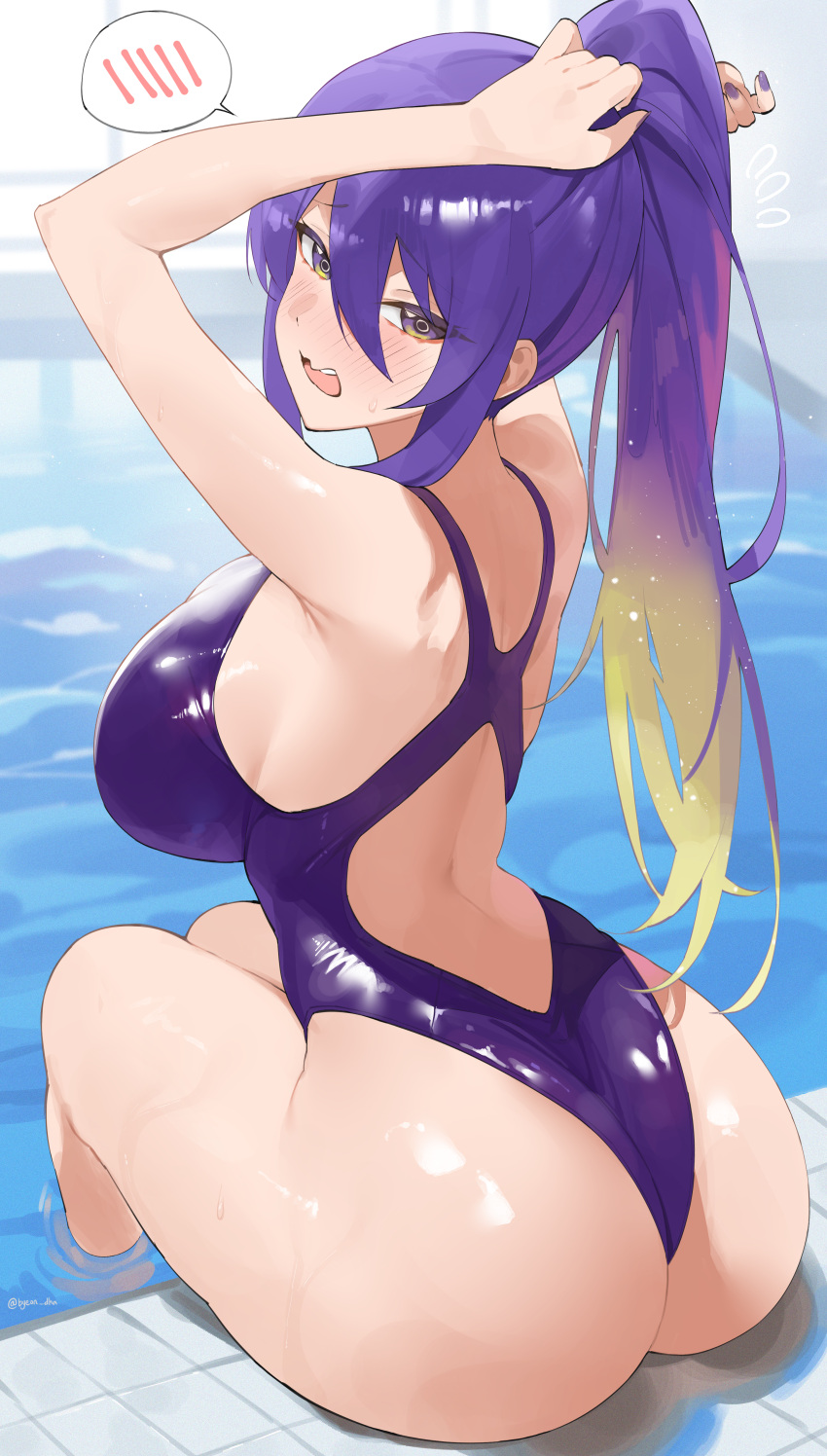 1girls ass breasts byeon_dha female female_only high_resolution hololive hololive_indonesia hololive_indonesia_area_15 large_ass large_breasts looking_at_viewer looking_back moona_hoshinova one-piece_swimsuit solo swimsuit thighs very_high_resolution virtual_youtuber