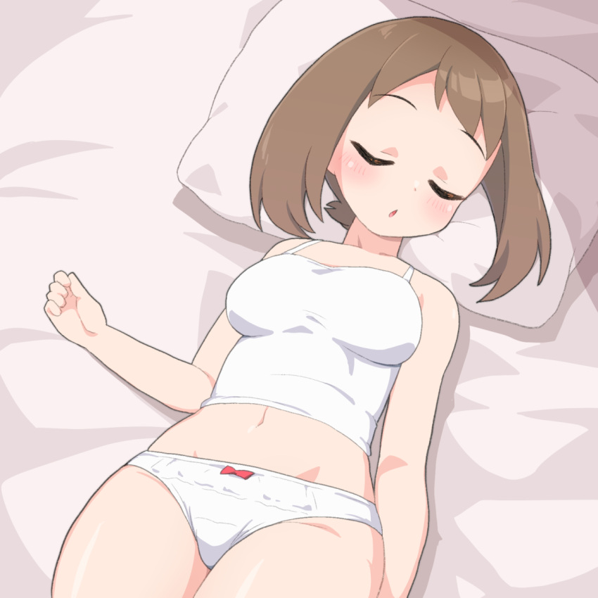 1girls big_breasts breast_expansion breasts cleavage closed_eyes color defenseless female female_only growth huge_breasts may_(pokemon) midriff nintendo nipples_visible_through_clothing panties pokemon shirogane_hakuba short_brown_hair short_hair sleeping solo thin_waist white_panties white_underwear