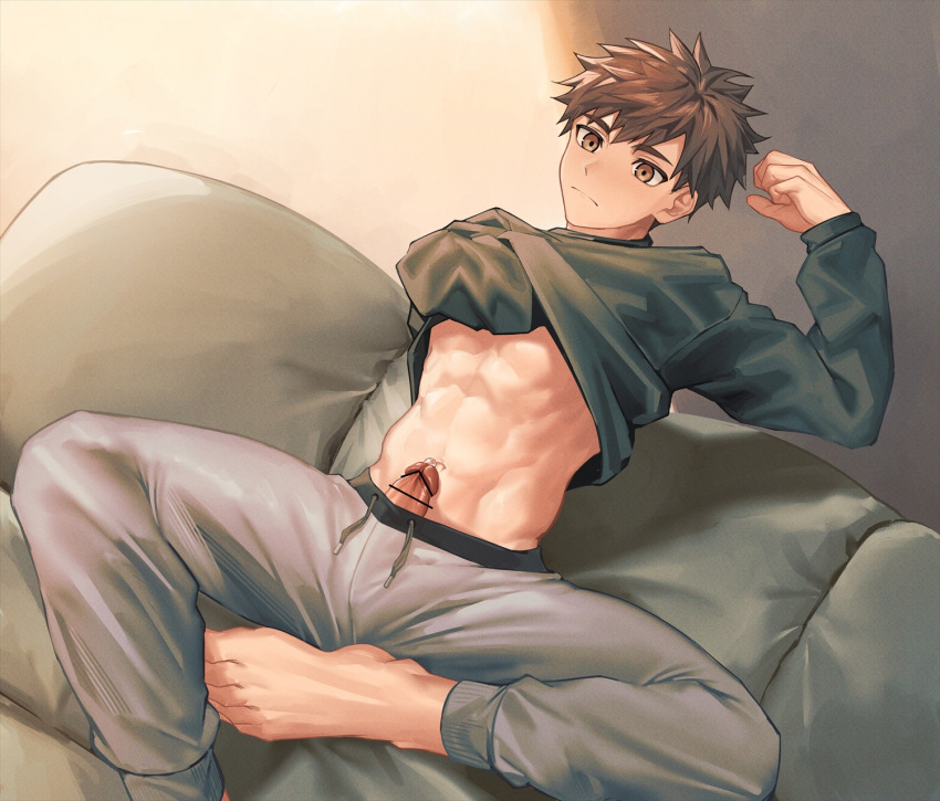 1boy arm_up bar_censor barefoot black_shirt blush brown_eyes brown_hair bulge censored clenched_hand clothes_lift commentary_request couch crotch_seam drawstring dutch_angle erection feet grey_pants hand_under_clothes hand_under_shirt hand_up highres indoors large_penis lifted_by_self light_frown linea_alba long_sleeves looking_at_viewer male_focus midriff navel nayoshi_(r-744) on_couch original paid_reward_available pants penis penis_out precum shirt shirt_lift short_hair sitting solo spiked_hair spread_legs stretching sweatpants taut_clothes taut_pants toned toned_male variant_set