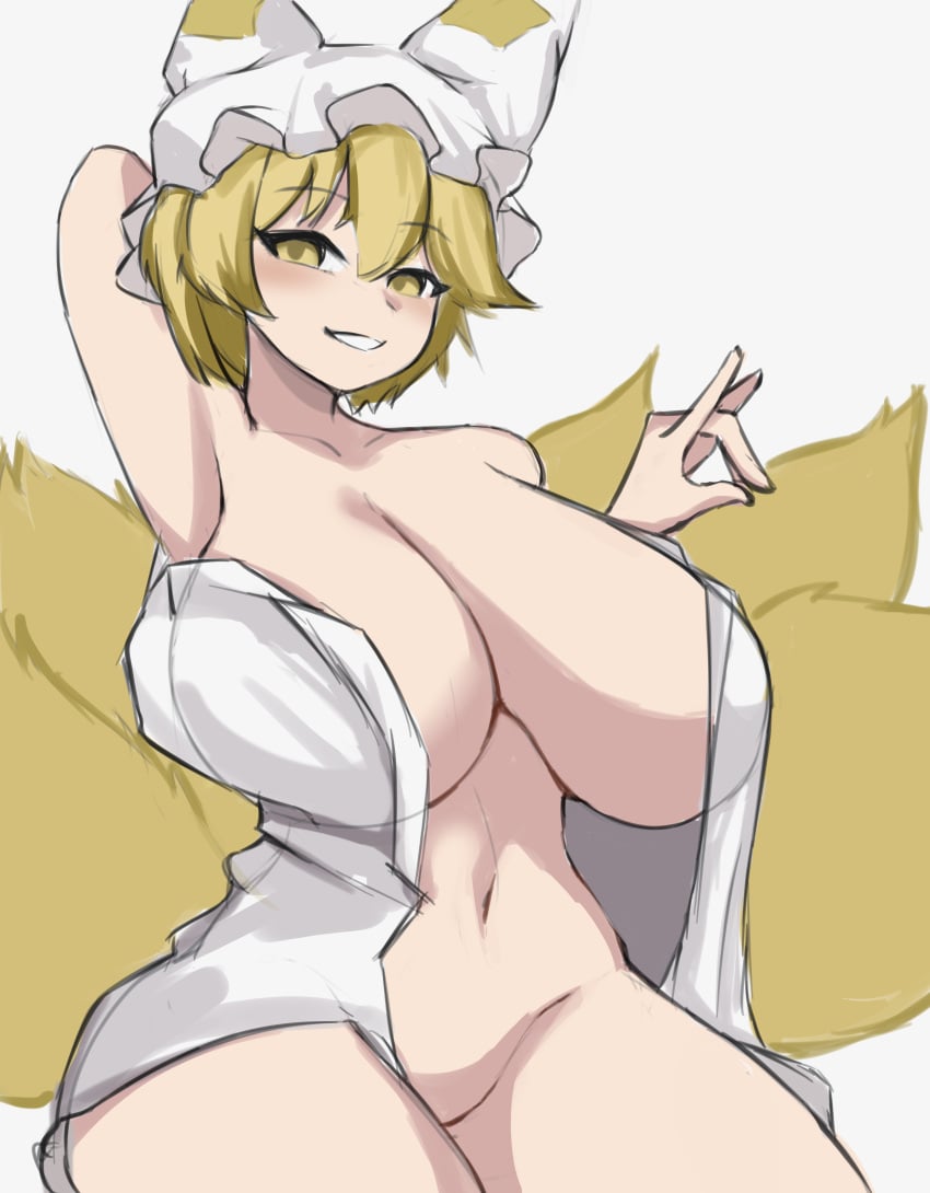 1girls 9_tails big_breasts blonde blonde_female blonde_hair blonde_hair_female breasts fox_girl get2_audio2 hat kitsune light-skinned_female mature_female multiple_tails nine_tailed_fox open_jacket partially_clothed ran_yakumo tails thick_thighs thighs touhou white_background yellow_eyes yellow_hair