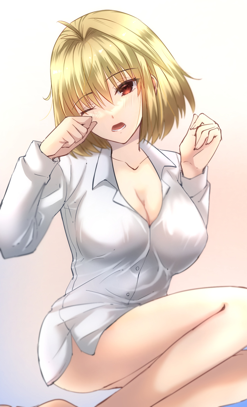 ahoge alternate_costume arcueid_brunestud blonde_hair blush breasts cleavage collarbone commentary_request dress_shirt female grey_background hair_intakes highres large_breasts long_sleeves looking_at_viewer one_eye_closed open_mouth red_eyes rubbing_eyes shirt short_hair sitting sleepy solo teeth thighs tongue tsukihime vent_vert_(kuuya) white_shirt