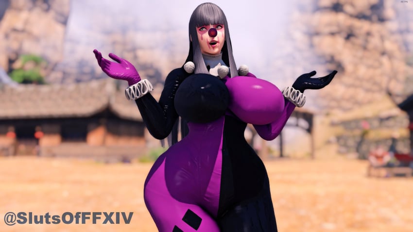 1girls 3d black_hair bodysuit clown_girl face_paint final_fantasy final_fantasy_xiv gigantic_ass gigantic_breasts hourglass_figure huge_ass huge_breasts looking_at_viewer slutsofffxiv square_enix thick_thighs voluptuous wide_hips yotsuyu_(final_fantasy_xiv)