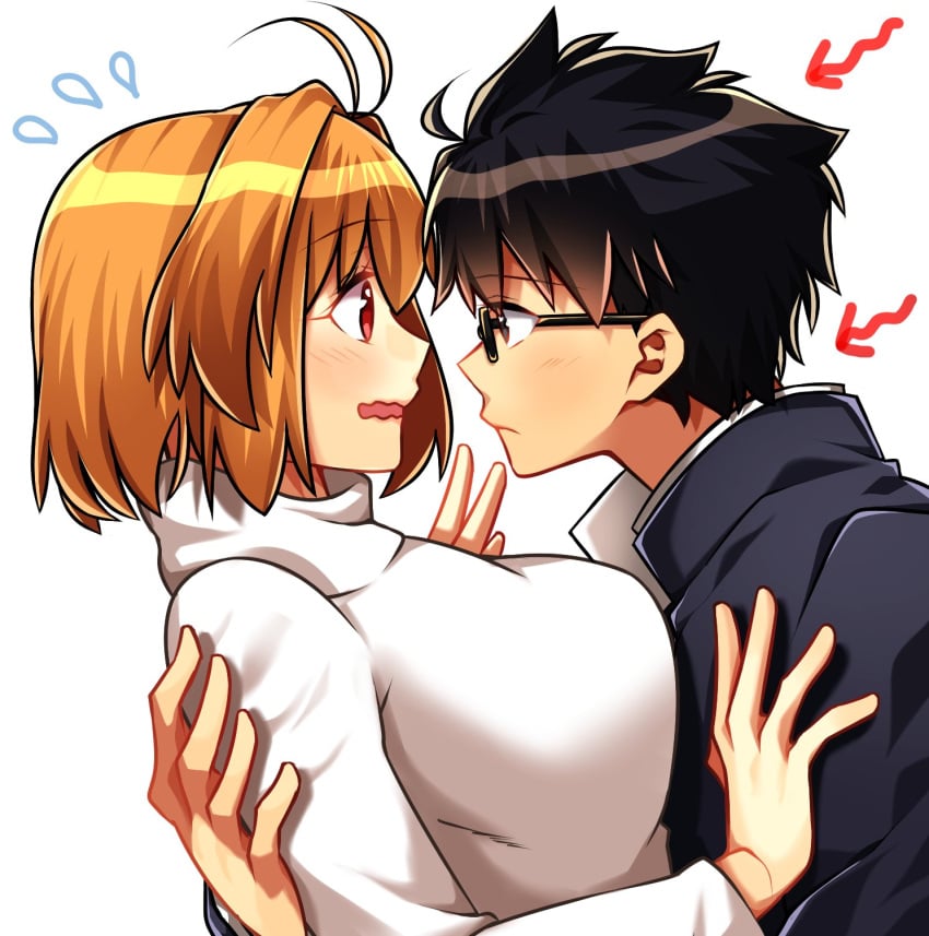 1boy alternate_breast_size arcueid_brunestud big_breasts black_eyes black_hair blonde_hair blush breasts breasts_bigger_than_head canon_couple commentary_request couple exa_(koyuru) eyes_visible_through_hair female glasses hair_intakes highres hug huge_boobs huge_breasts large_boobs large_breasts long_sleeves red_eyes school_uniform short_hair straight sweater tohno_shiki tsukihime turtleneck type-moon white_background