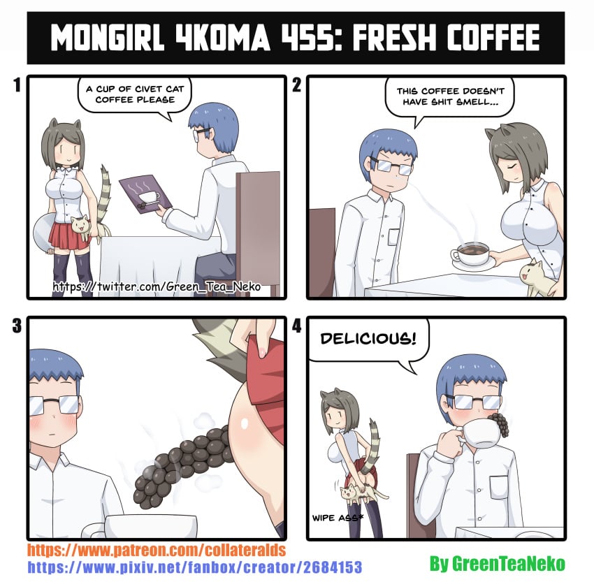 4koma absurd_res ambiguous_gender beverage civet civet_humanoid clothed clothing coffee comic domestic_cat english_text feces feces_in_cup felid feline felis female feral greenteaneko group hi_res human humanoid humor maid_uniform male mammal scat text trio uniform viverrid