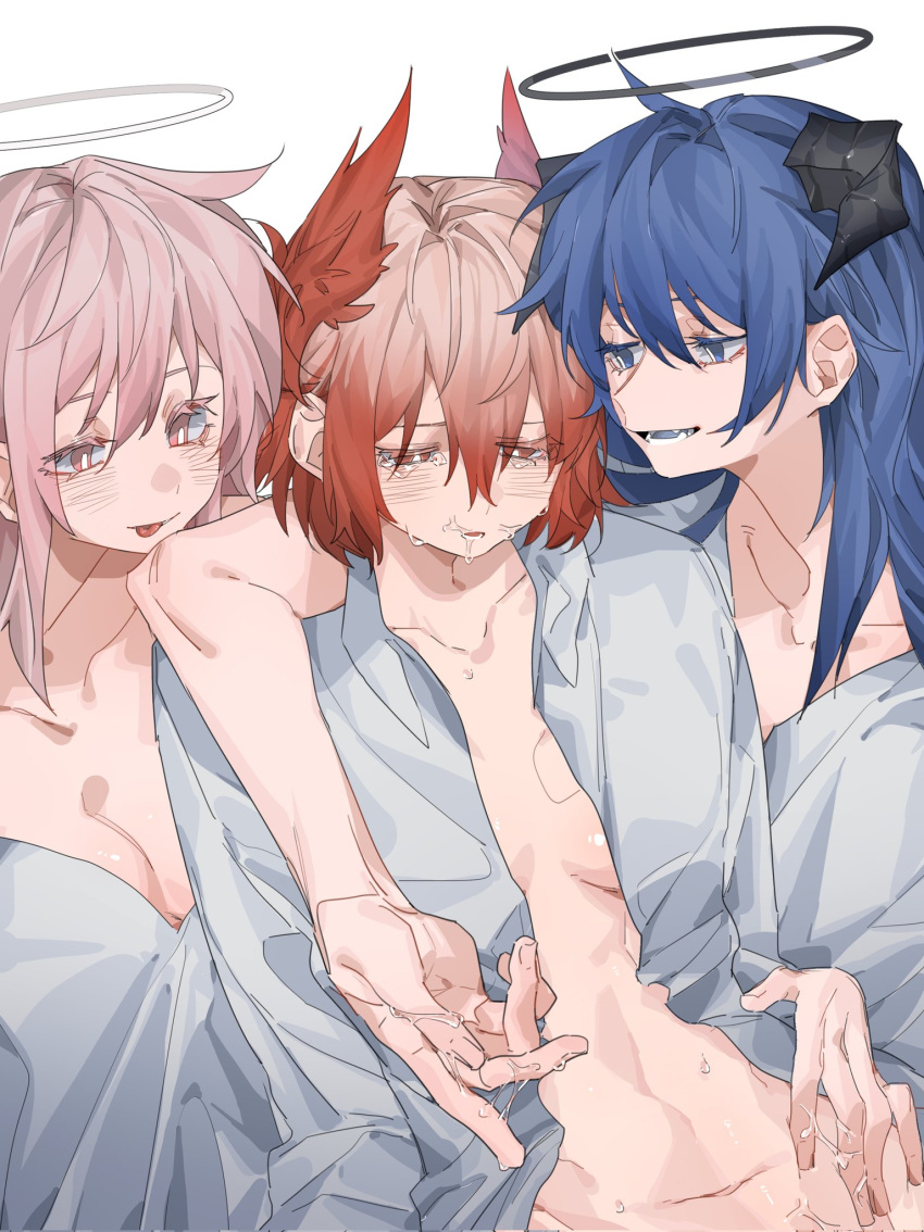 3girls after_fingering arknights arm_around_neck black_halo blue_hair blush breasts cleavage collared_shirt commentary corrupted_twitter_file feather_hair fff_threesome fiammetta_(arknights) girl_sandwich group_sex halo hand_on_another's_waist highres horns lemuen_(arknights) long_hair long_sleeves medium_breasts molu_stranger mostima_(arknights) multiple_girls oerba_yun_fang open_clothes open_shirt parted_lips pink_eyes pink_hair pussy_juice pussy_juice_on_fingers red_eyes red_hair sandwiched shirt short_hair simple_background smile tearing_up tears threesome tongue tongue_out upper_body white_background white_shirt yuri