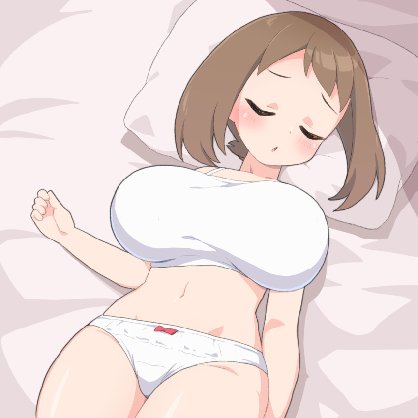 1girls big_breasts breast_expansion breasts cleavage closed_eyes color defenseless female female_only growth huge_breasts may_(pokemon) midriff nintendo nipples_visible_through_clothing panties pokemon shirogane_hakuba short_brown_hair short_hair sleeping solo thin_waist white_panties white_underwear