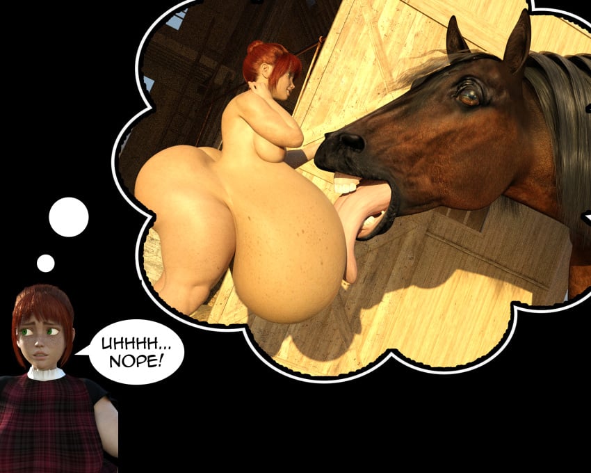 3d belly belly_licking big_belly big_breasts breasts female feral horse huge_belly implied_bestiality licking_belly pregnant red_hair semper_jack thought_bubble tongue