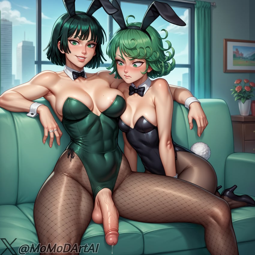 1futa 1girls ai_generated blush breasts bunny_ears bunny_tail bunnysuit embarrassed flaccid_penis fubuki_(one-punch_man) futa_sans_pussy futanari green_eyes green_hair high_heels looking_at_viewer medium_breasts momodart one-punch_man pantyhose penis precum sisters sitting small_breasts smile stable_diffusion tatsumaki testicles