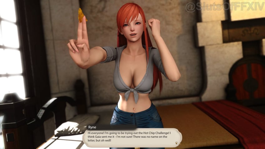 3d aged_up big_ass big_breasts cleavage crop_top denim_shorts dialogue final_fantasy final_fantasy_xiv jean_shorts midriff ryne_waters slutsofffxiv square_enix wide_hips