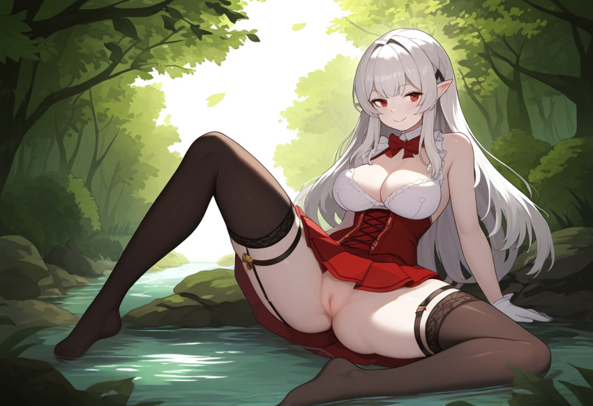 ai_generated black_stockings bow cleavage elf elf_ears elf_female female female_only forest_background garter_straps long_hair novelai one_female pale-skinned_female pale_skinned_female pussy red_bow red_eyes red_skirt river smile smile_at_viewer stockings upskirt white-skinned_female white_gloves white_hair white_skin white_skinned_female