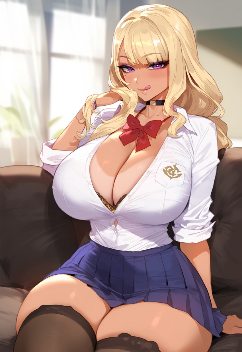 ai_generated blonde_hair bra brown_skin female female_only floox genshin_impact gyaru large_breasts leopard_print leopard_print_bra purple_eyes raiden_shogun school_uniform tagme tanned thiccwithaq_(ai_style) thick_thighs thighhighs