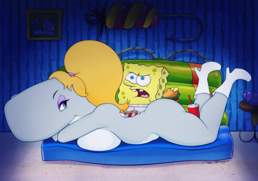 1boy 1girls arms_cross ass big_breasts blonde_hair boots breasts cetacean couch female food furry krabby_patty larger_female lying_on_stomach male mammal marine meme nickelodeon nude nude_female open_mouth pearl_krabs rayman_eating_sushi redbenjamin sea_sponge size_difference smaller_male soda sperm_whale spongebob_squarepants spongebob_squarepants_(character) whale