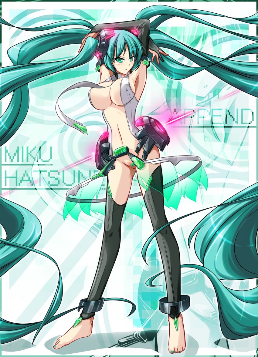 1girls aqua_eyes aqua_hair armpits arms_up barefoot blush breasts bunji censored convenient_censoring elbow_gloves female gloves hatsune_miku hatsune_miku_(append) hi_res legwear long_hair nail_polish navel open_mouth solo text tied_hair toes twintails very_long_hair vocaloid