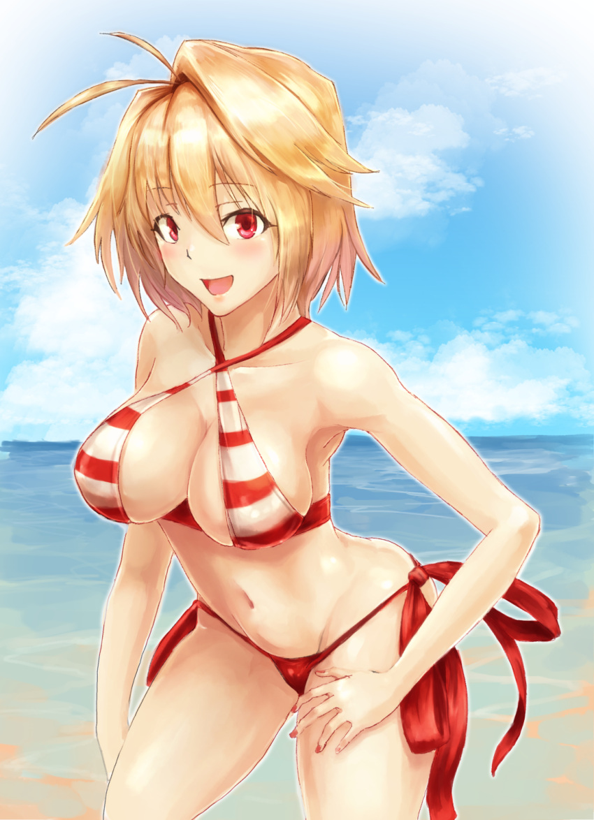 :d arcueid_brunestud beach bikini blonde_hair blue_sky breasts cloud commentary cosplay cowboy_shot criss-cross_halter day deadspike_nine fate/grand_order fate_(series) female groin hair_between_eyes halterneck highres large_breasts looking_at_viewer navel nero_claudius_(fate) nero_claudius_(swimsuit_caster) open_mouth outdoors red_bikini red_eyes red_nails short_hair single_hair_intake sky sling_bikini_top smile solo standing striped_bikini striped_clothes swimsuit tsukihime