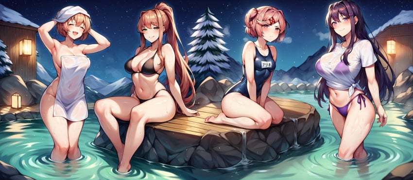 4girls :d :t ai_generated aimoonshine arm_up armpits barefoot bikini_under_clothes black_bikini blush brown_hair closed_eyes doki_doki_literature_club female_only full_body green_eyes hairclip half-closed_eyes hand_between_legs hand_on_own_head hot_spring kneeling lantern large_breasts light_smile long_hair looking_at_viewer medium_breasts monika_(doki_doki_literature_club) mountainous_horizon multiple_girls naked_towel natsuki_(doki_doki_literature_club) night oerba_yun_fang on_floor onsen open_mouth parted_lips partially_submerged pine_tree pink_eyes pink_hair ponytail pout purple_bikini purple_eyes purple_hair relaxing rock sayori_(doki_doki_literature_club) school_swimsuit seductive_smile see-through short_hair side-tie_bikini_bottom sitting small_breasts smile snow standing standing_in_water starry_sky steam t-shirt tied_shirt tight_clothing tree twintails water wet_shirt white_shirt wooden_floor yuri_(doki_doki_literature_club)