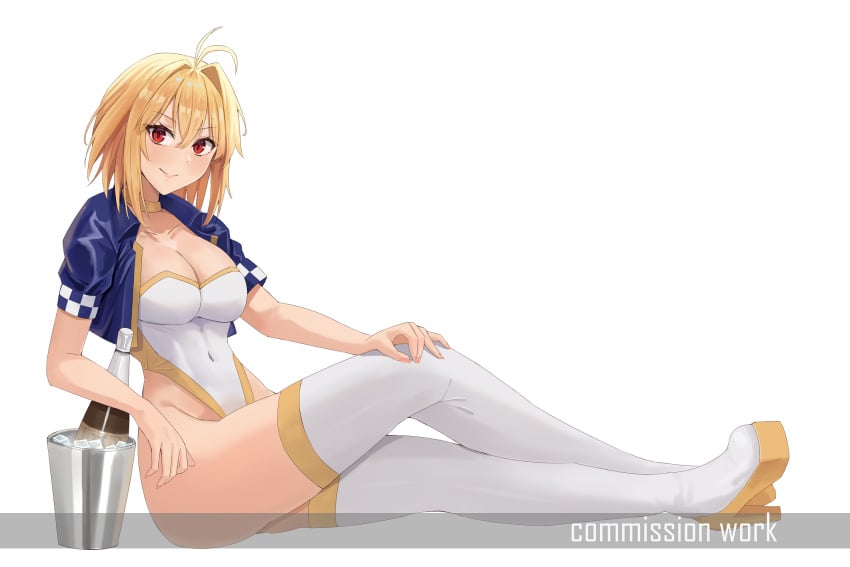 alcohol arcueid_brunestud blonde_hair blue_jacket boots breasts bucket champagne commission cropped_jacket female full_body hair_intakes highleg highleg_leotard highres jacket leotard open_clothes open_jacket race_queen red_eyes short_hair simple_background sitting skeb_commission smodzz998 solo thigh_boots thighhighs tsukihime white_background white_leotard white_thighhighs