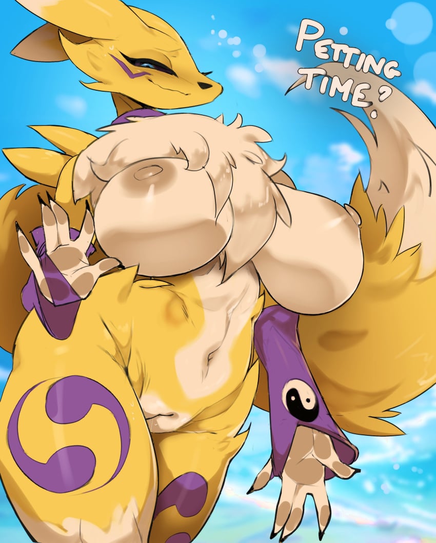 absurd_res anthro areola ashraely bandai_namco biped blue_eyes breasts dialogue digimon digimon_(species) female fur genitals hi_res navel nipples pussy renamon solo white_body white_fur yellow_body yellow_fur