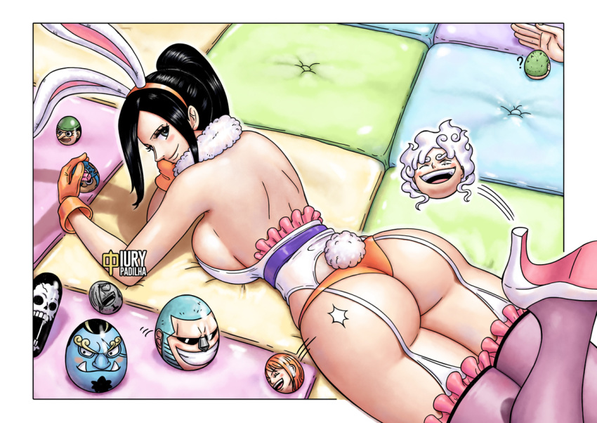 1girls ass big_ass big_breasts big_butt black_hair blue_eyes blush bunny_ears bunny_tail easter easter_eggs female female_only high_heels iury_padilha large_breasts looking_at_viewer looking_back nico_robin one_piece ponytail solo solo_female solo_focus thick_thighs thighhighs thighs wide_hips