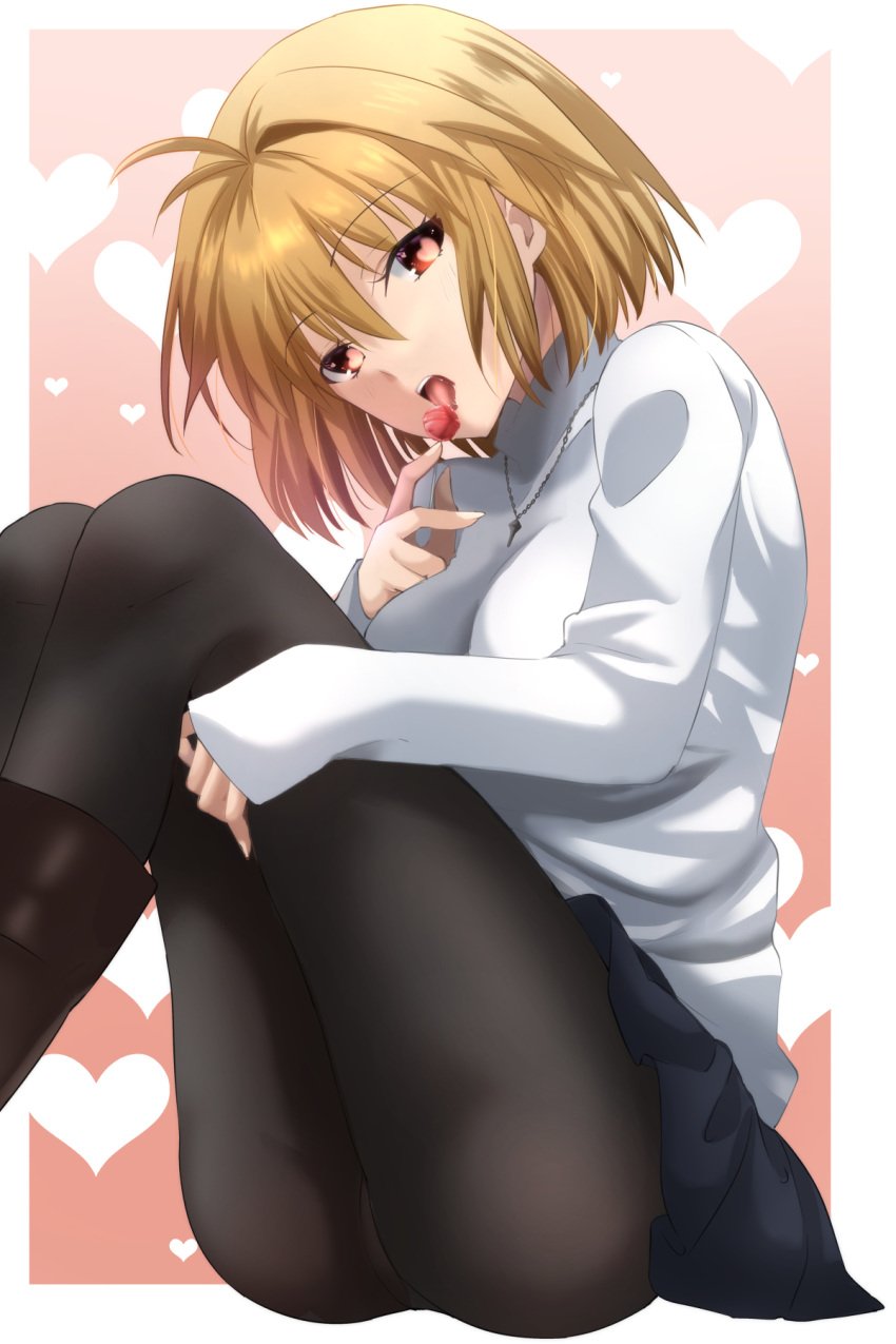 antenna_hair arcueid_brunestud ass black_pantyhose black_skirt blonde_hair boots brown_footwear candy commentary_request commission female food hair_between_eyes heart highres holding holding_candy holding_food holding_lollipop jewelry licking lollipop looking_at_viewer miniskirt necklace open_mouth pantyhose pixiv_commission red_eyes short_hair single_hair_intake sitting skirt sleeves_past_fingers sleeves_past_wrists solo sweater teeth tongue tongue_out tsukihime tsukihime_(remake) turtleneck turtleneck_sweater upper_teeth_only vent_vert_(kuuya) white_sweater