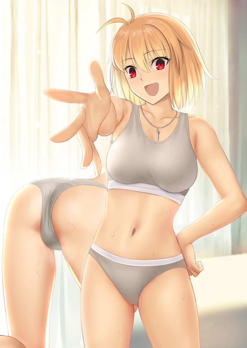 absurdres arcueid_brunestud bad_id bad_pixiv_id besmiled blonde_hair blush breasts butt butt_visible_through_thighs collarbone commission curtains female grey_sports_bra highres large_breasts looking_at_viewer multiple_views navel open_mouth outstretched_arm panties pixiv_commission red_eyes short_hair smile sports_bra thighs tsukihime underwear white_panties