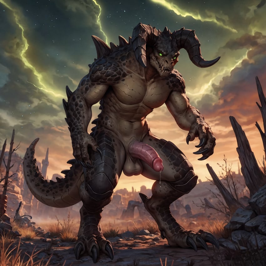 absurd_res ai_generated anthro balls bodily_fluids claws deathclaw desert erection fallout genital_fluids genitals green_eyes green_sky hi_res horn lizard looking_at_viewer male nude penis precum radiation reptile rock scales scalie solo thunderwolf wasteland