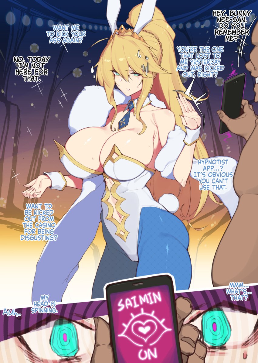 app artoria_pendragon big_breasts blonde_hair blue_eyes bunny_ears bunny_tail cellphone comic crown fate_(series) hypnosis hypnosis_app long_hair phone thick_thighs translated unknown_male yanje