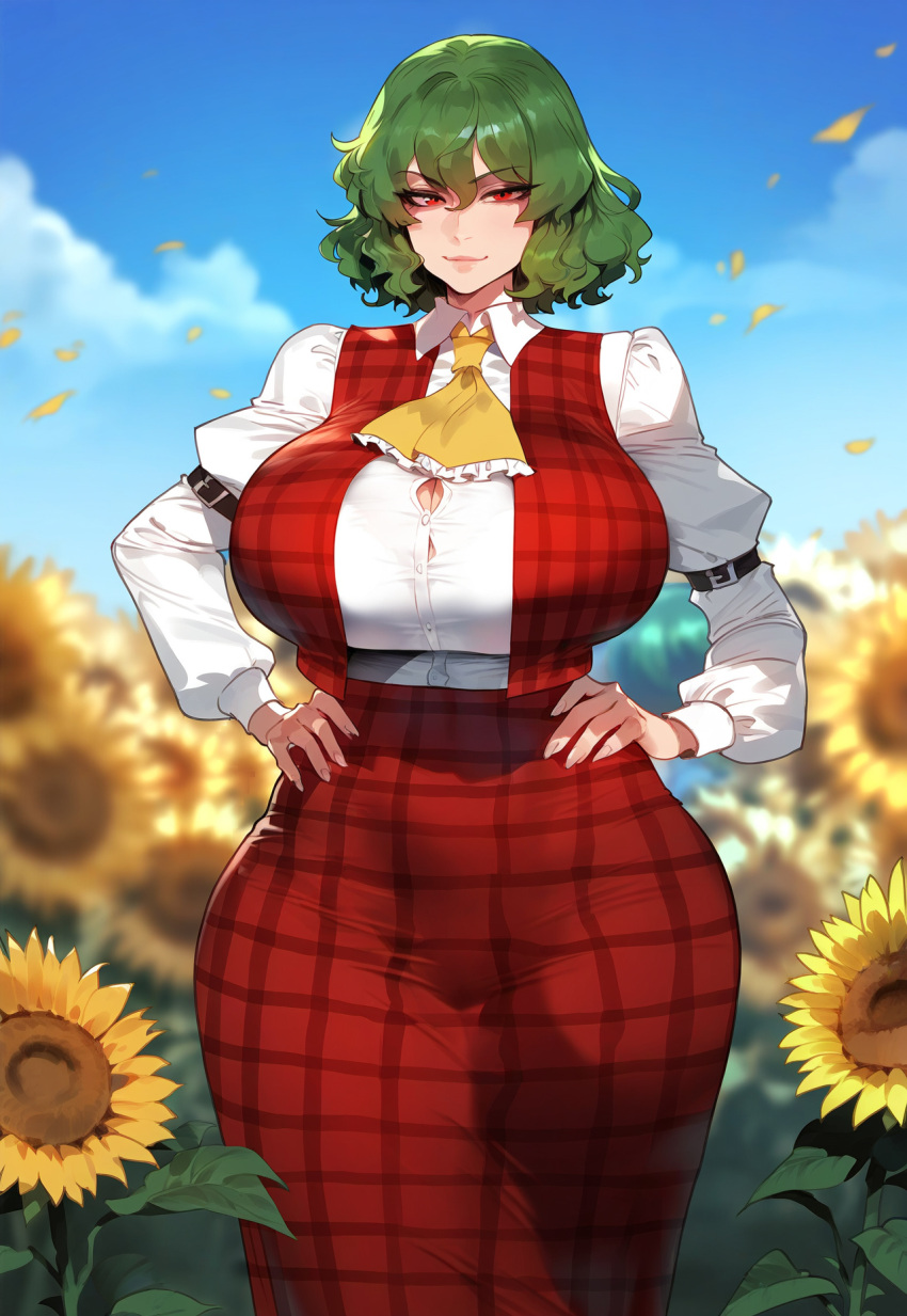 1girls ai_generated alternate_breast_size artstyle_imitation breasts female female_only floox green_hair high_resolution hips huge_breasts light-skinned_female light_skin red_eyes short_hair stable_diffusion thiccwithaq_(ai_style) thick_thighs thighs touhou wide_hips yuka_kazami