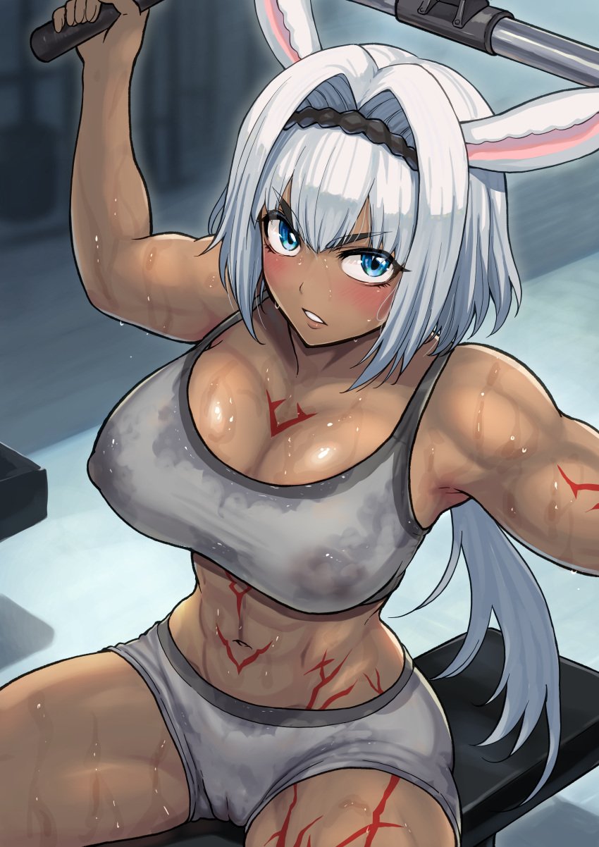 abs absurdres animal_ears arm_tattoo arms_up blue_eyes blush breasts caenis_(fate) cameltoe chest_tattoo cleavage covered_nipples dark-skinned_female dark_skin exercising fate/grand_order fate_(series) female grey_shorts hands_up harurukan headband highres large_breasts leg_tattoo long_hair looking_at_viewer midriff muscular muscular_female navel nipples ponytail rabbit_ears shorts solo sports_bra spread_legs stomach_tattoo sweat sweating sweaty sweaty_body tan tattoo white_hair