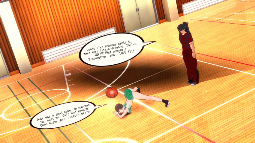 2girls 3d basketball comic dragon_eyes dragon_tattoo gym gym_shorts jack-o_pose koikatsu oc ponytail rebecca_chambers resident_evil sports_bra text text_bubbles