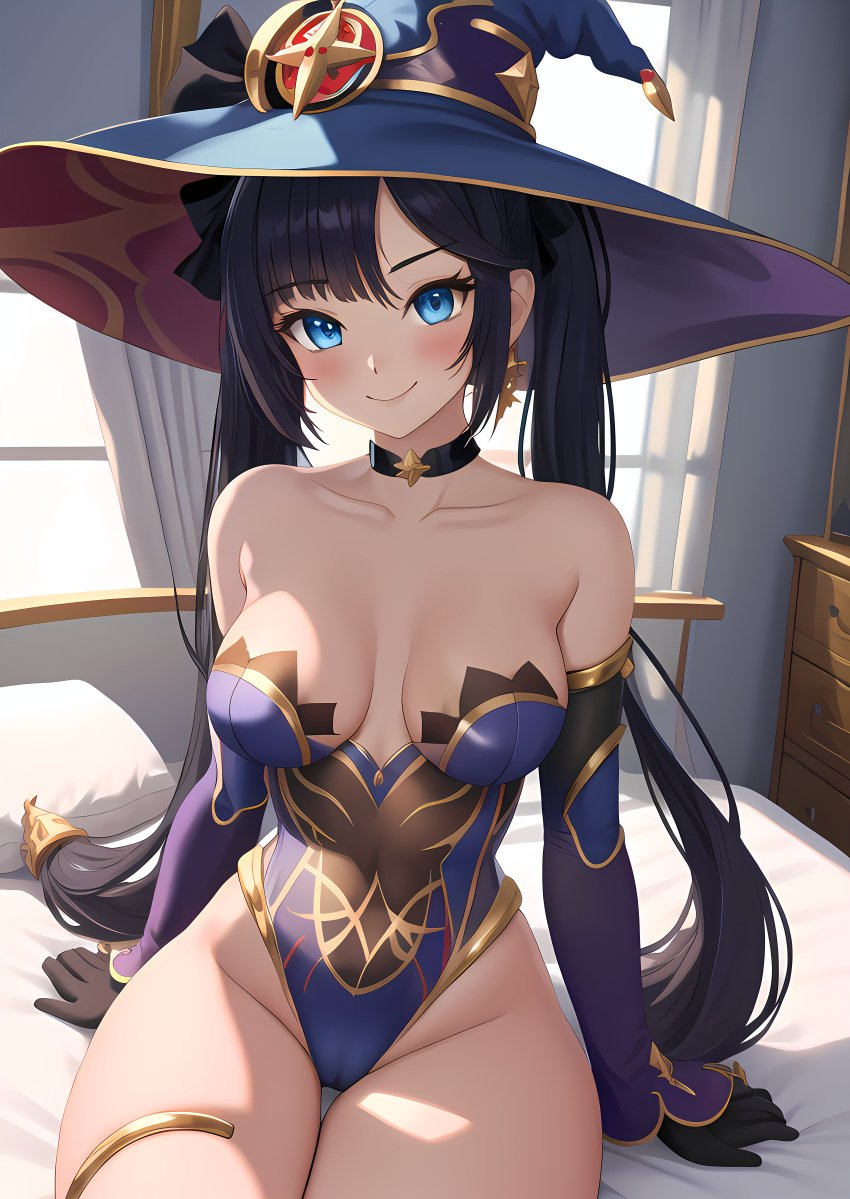 1girls ai_generated arm_gloves bare_shoulders bare_thighs bedroom blue_eyes blush cameltoe choker collarbone female female_only genshin_impact leotard long_hair medium_breasts mona_(genshin_impact) sitting sitting_on_bed slombert smile solo thighs twintails witch_hat