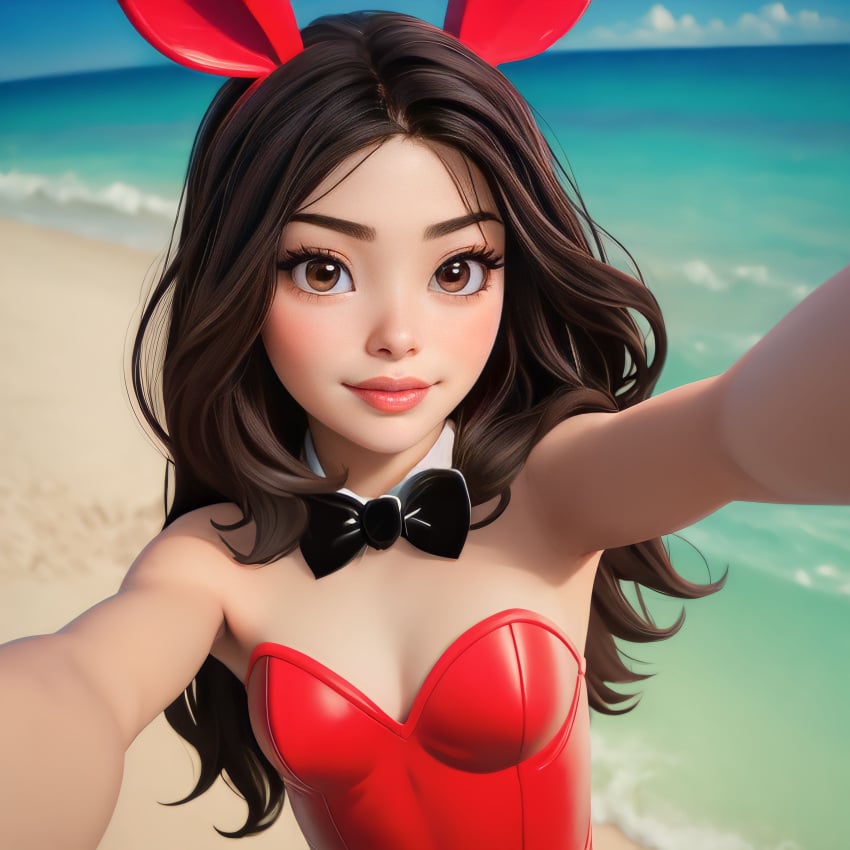 3d_(artwork) ai_generated beach black_bowtie carly_shay icarly l_mammc lmmai miranda_cosgrove playboy_bunny playboy_bunny_costume playboy_bunny_leotard realistic_breast_size stable_diffusion