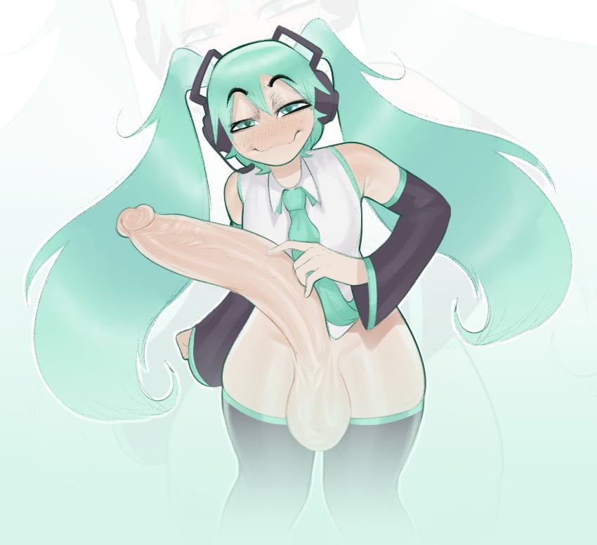 1futa 2024 balls big_balls blue_eyes bottomless breasts clothed clothing curved_to_the_right_penis detached_sleeves erection focus futa_only futanari green_hair half-closed_eyes hatsune_miku huge_cock human large_penis light-skinned_futanari light_skin long_hair looking_at_viewer mr_fuga pale-skinned_futanari partially_clothed penis retracted_foreskin smile smooth_balls smooth_penis smug solo solo_focus standing thighhighs twintails vocaloid