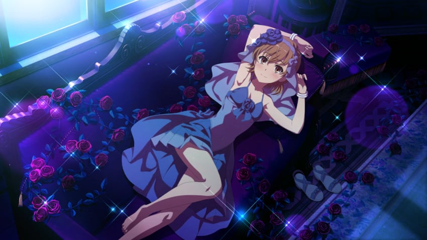 1girls armpits bare_arms bare_legs bare_thighs barefoot blue_dress brown_eyes brown_hair elegant_dress feet female flower_in_hair full_body indoors matching_hair/eyes misaka_mikoto official_art short_hair small_breasts smile solo teenage_girl teenager thighs to_aru_kagaku_no_railgun to_aru_majutsu_no_index young