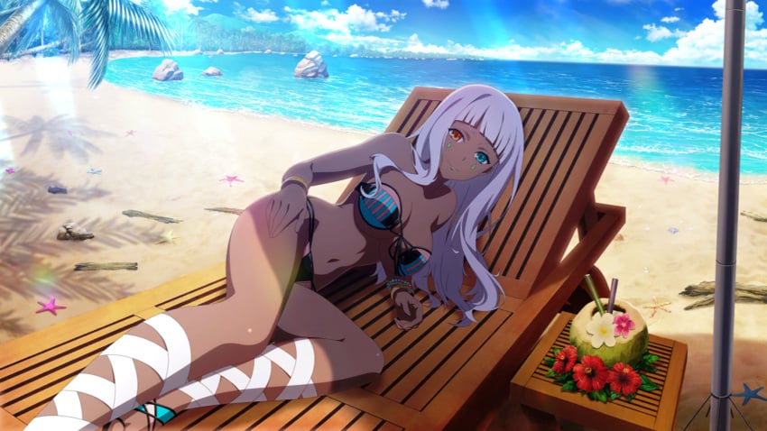 bare_arms bare_legs bare_shoulders bare_thighs beach belly_button big_breasts brown_skin egyptian goddess long_hair multicolored_eyes nephtys official_art smile swimsuit thighs to_aru_majutsu_no_index white_hair