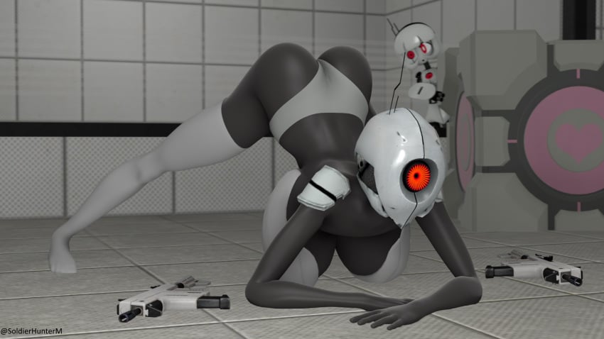 2girls 3d 3d_(artwork) anthro ass automated_turret back big_breasts black_skin bodysuit breasts dark_skin dat_ass female_only gun helmet huge_breasts humanoid jack-o_pose mother_and_daughter multiple_girls portal_(series) portal_2 red_eyes robot robot_girl robot_humanoid sentry_turret soldierhunterm source_filmmaker turret turret_(portal) turret_gal_(soldierhunterm) valve weighted_companion_cube