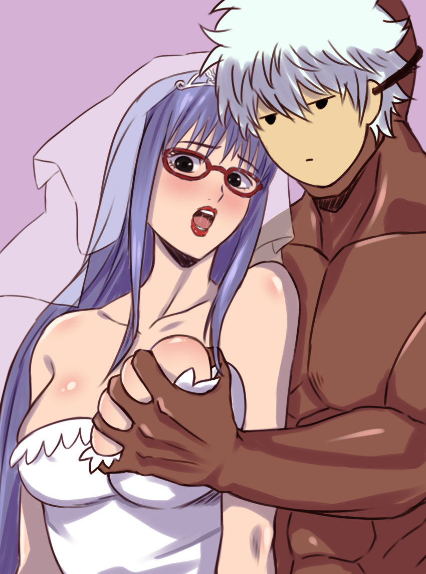 1boy 1girls big_breasts black_eyes blush breast_grab breast_squeeze bridal_veil bride cherrycola dark-skinned_male faceless_male female gintama gintoki_sakata gintoki_sakata_(cosplay) glasses grabbing_from_behind interracial light-skinned_female long_hair looking_at_viewer male mask masked_male muscular_male official_alternate_costume open_mouth purple_hair red-framed_glasses red_lipstick sarutobi_ayame wedding_dress