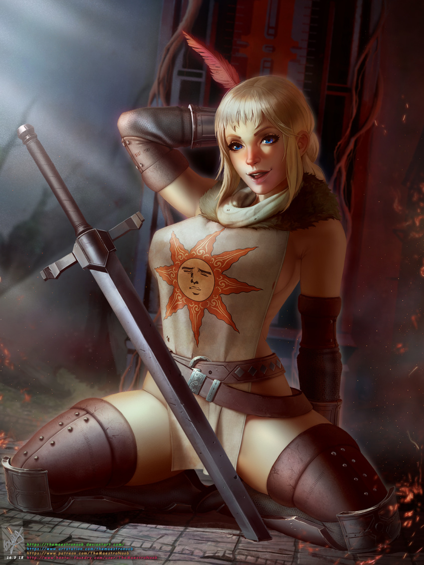 alternate_version_available armor bare_shoulders big_breasts blonde_hair blue_eyes dark_souls detached_sleeves female female_only fromsoftware genderswap_(mtf) looking_at_viewer medieval_armour open_mouth pelvic_curtain rule_63 sideboob smile solaire_of_astora solo sword tabard themaestronoob thick_thighs thigh_boots thighhighs tunic weapon yaranaika