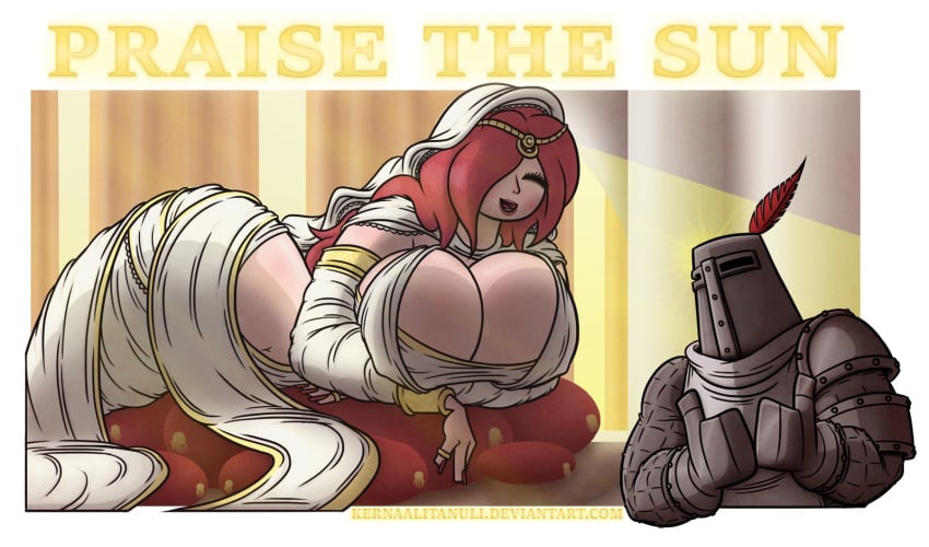 1boy 1girls big_breasts circlet cleavage dark_souls detached_sleeves female fromsoftware giantess goddess gold_(metal) hair_over_one_eye helmet huge_breasts knight lewdbacon long_hair male on_side praise_the_sun queen_of_sunlight_gwynevere reclining red_hair smile solaire_of_astora thumbs_up tiara veil wide_hips