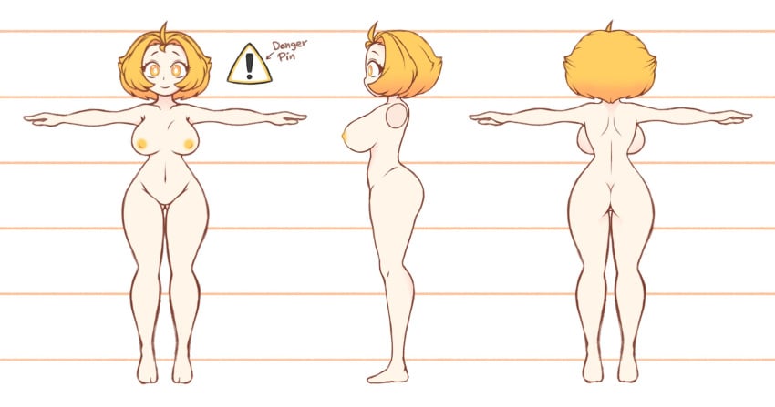 ! ahoge ass back_view big_breasts blonde_hair character_sheet danchan danger_sign multiple_views nude smiling solo solo_focus t-pose thin_waist venky white_skin yellow_eyes yellow_nipples