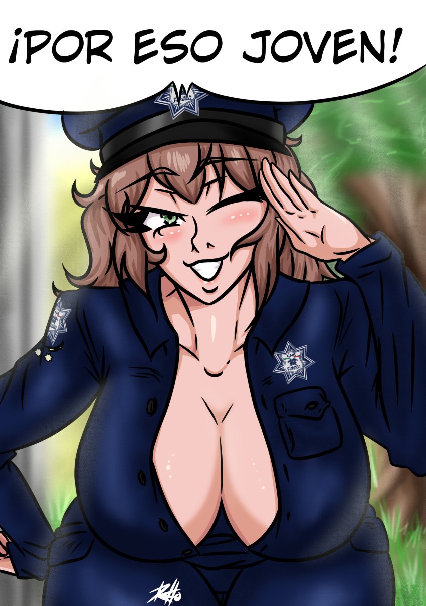 1girls big_breasts delicia_(comicomryu) female female_only policewoman reddokun spanish_text text thick_thighs