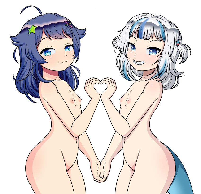 2girls areolae blue_eyes blue_hair breasts completely_nude female female_focus female_only flat_chest gawr_gura hand_holding hololive hololive_english hololive_myth indie_virtual_youtuber looking_at_viewer megasweet midriff multiple_girls navel selfcest senzawa small_breasts smile stomach tagme tail teeth virtual_youtuber white_hair