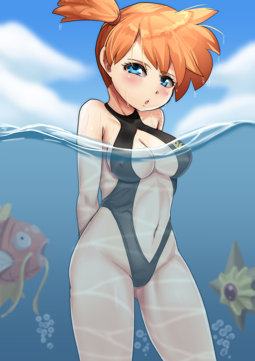 adapted_costume asymmetrical_hair bare_arms bare_legs blue_eyes blush breasts clothing covered_collarbone curvy day eyebrows_visible_through_hair female game_freak gym_leader highres kasumi_(pokemon) legs looking_at_viewer magikarp medium_breasts misty_(pokemon) navel nintendo nipples open_mouth orange_hair outdoors partially_submerged pokemon pokemon_(game) pokemon_rgby ponytail red_hair shirt short_hair side_ponytail smile smooth_skin solo staryu swimsuit the_electric_tale_of_pikachu thighs water wet