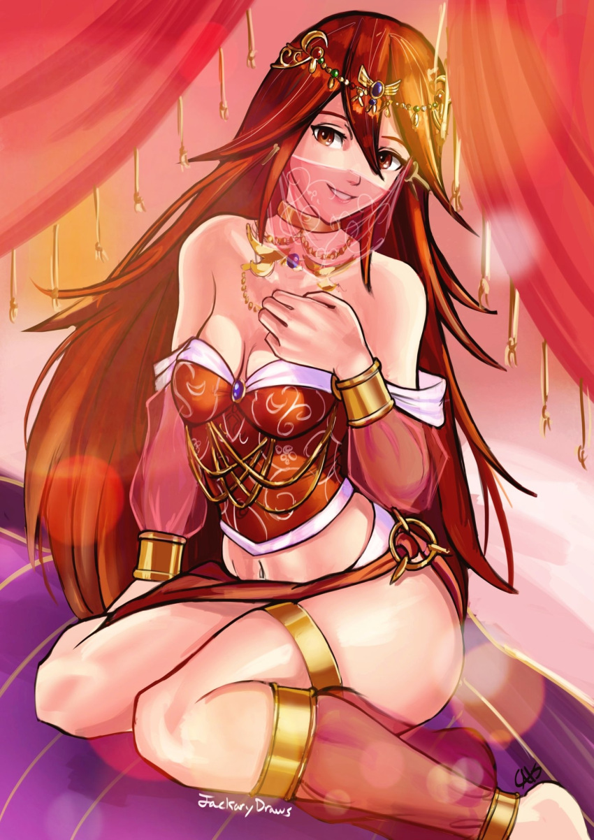 1girls alternate_costume arabian_clothes artist_name bare_legs breasts choker cleavage cordelia_(fire_emblem) covered_mouth dancer female female_only fire_emblem fire_emblem_awakening gold_jewelry hair_ornament harem_outfit highres jackary jackary_draws jewelry long_hair looking_at_viewer lots_of_jewelry mouth_veil navel nintendo parted_lips red_eyes red_hair see-through sitting small_breasts smile solo thighs veil