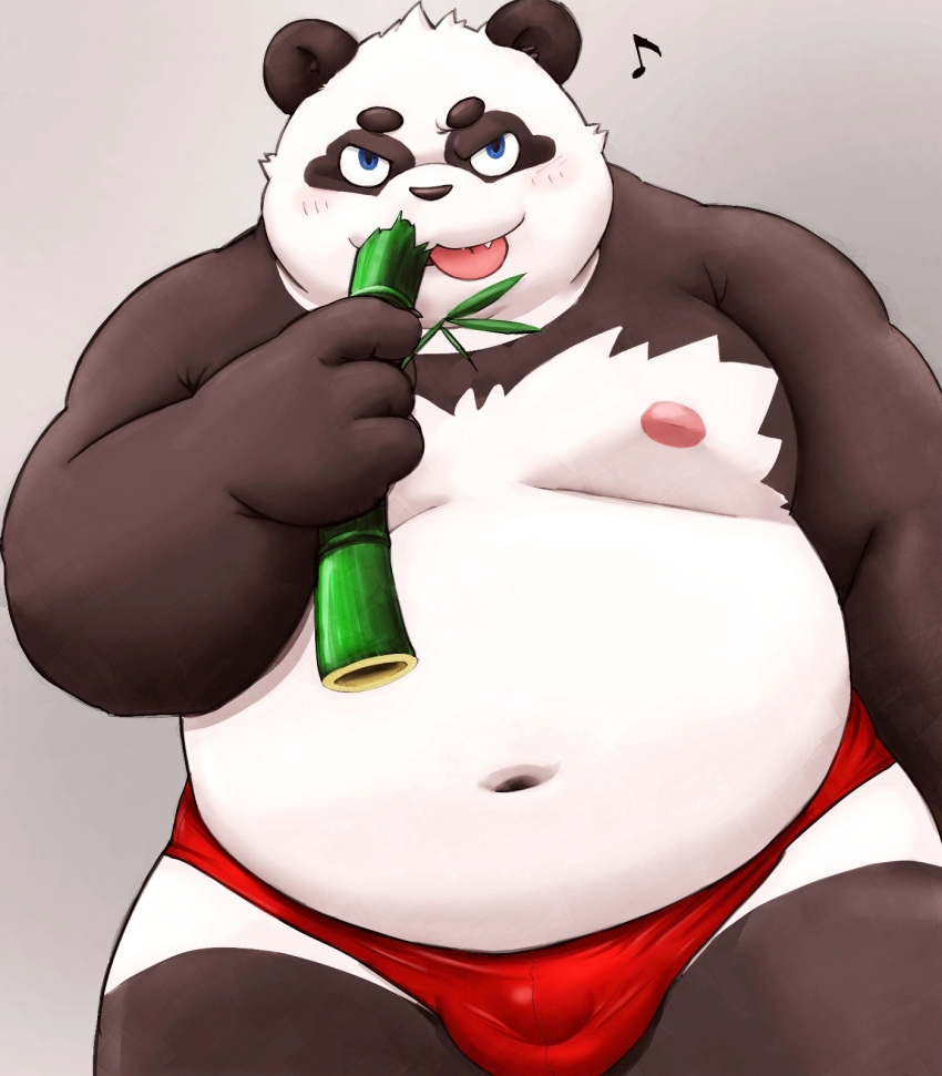 2022 anthro bamboo belly big_belly black_body blush bulge clothing eating giant_panda hi_res kemono male male_only mammal meg_hoi moobs navel nipples overweight overweight_male simple_background solo tongue tongue_out underwear ursid white_body