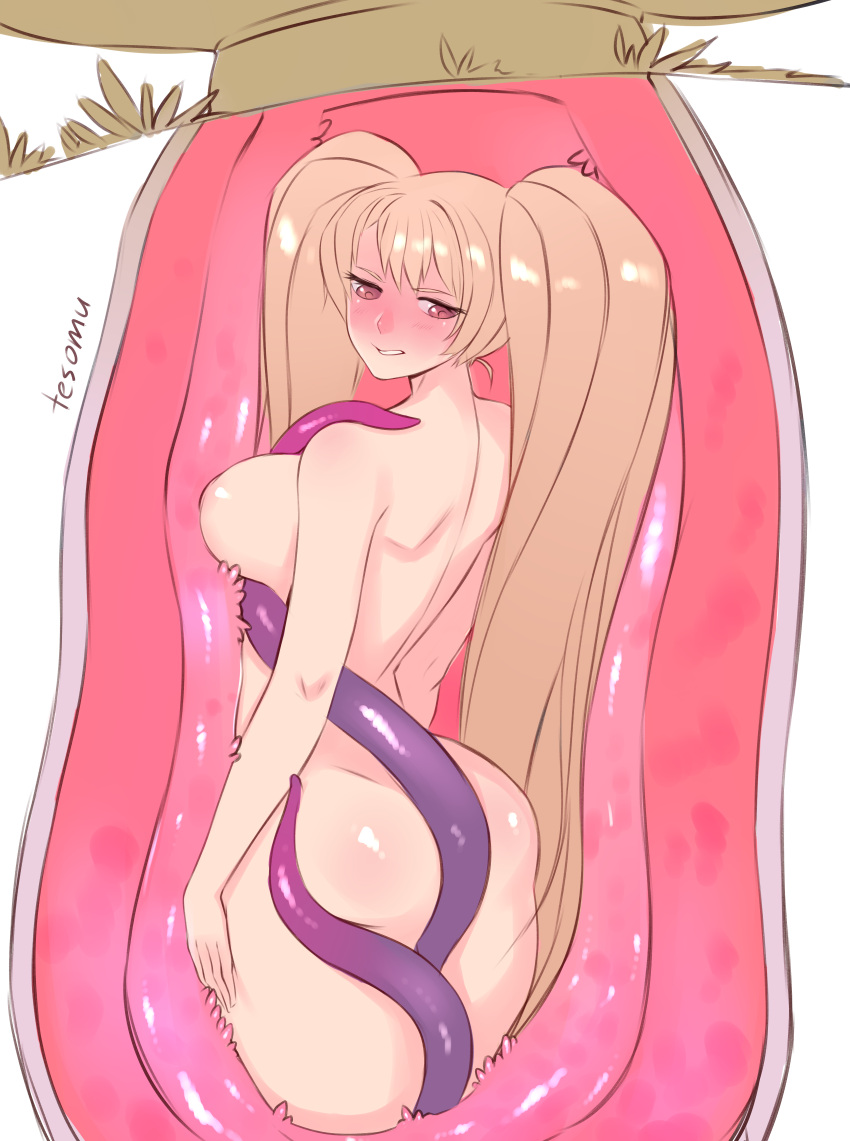 1girls ass between_ass blonde_hair blush breasts granblue_fantasy internal internal_view large_breasts long_hair monica_(granblue_fantasy) monica_weisswind restrained sideboob sketch solo tentacle tesomu twintails vore x-ray