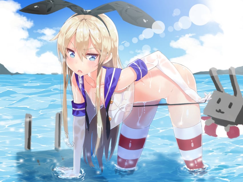 4:3_aspect_ratio animal_ears bent_over black_panties black_underwear blonde_hair blue_sky blush breasts bunny_ears clothing day elbow_gloves fake_animal_ears female gloves hairband innertube kantai_collection legwear lens_flare lingerie long_hair mx2j_(nsh6394) ocean pantsu panty_pull partially_submerged red_legwear red_stripes rensouhou-chan shimakaze_(kantai_collection) sky small_breasts solo_focus striped striped_legwear striped_thighhighs thighhighs underwear underwear_pull wading wet wet_clothes white_gloves