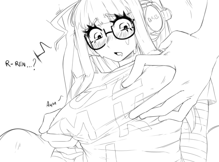 1girls akira_kurusu blush clothed clothing female female_focus fully_clothed glasses grope groping groping_from_behind headphones heavy_blush joker_(persona) long_hair male moan moaning monochrome persona persona_5 persona_5_royal reach_around ren_amamiya rikodamu sakura_futaba sketch solo_focus surprised