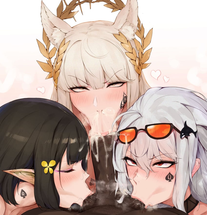 1boy 3girls :>= ahoge animal_ear_fluff animal_ears arknights ball_sucking balls bangs black_hair blonde_female blowjob brown_eyes choker closed_eyes collaborative_fellatio cum cum_in_mouth cum_in_nose cum_inside cum_on_sunglasses dark-skinned_male dark_skin eunectes_(arknights) eyebrows_visible_through_hair eyewear_on_head fellatio fffm_foursome flower foursome hair_between_eyes hair_flower hair_ornament heart heavy_breathing horse_ears interracial laserflip laurel_crown licking_testicles light-skinned_female light_skin long_hair looking_at_viewer male_pov male_pubic_hair multiple_fellatio multiple_girls oral out_of_frame paid_reward penetrating_pov penis platinum_(arknights) pointy_ears pov pubic_hair queen_of_spades red_eyes rolling_eyes rosaline saliva short_hair sidelocks silver_hair skadi_(arknights) spade straight stray_pubic_hair sunglasses sunglasses_on_head tattoo teamwork testicle_sucking testicles tinted_eyewear uncensored whale_hair_ornament white_hair yellow_flower