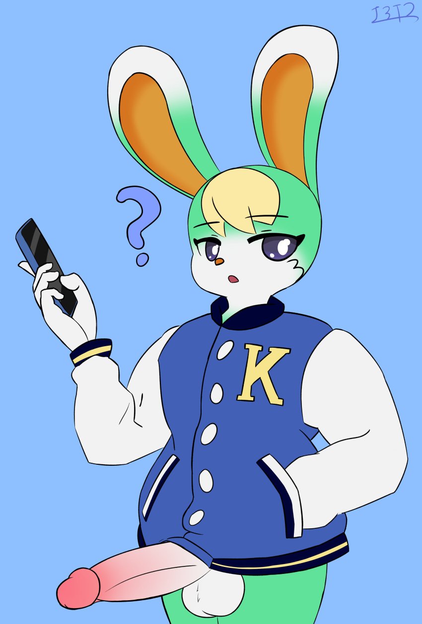 2022 absurd_res animal_crossing anthro balls clothed clothing erection genitals hair hi_res i3i2455_ivi394 lagomorph leporid looking_at_viewer male male_only mammal nintendo penis phone question_mark rabbit sasha_(animal_crossing) simple_background solo video_games